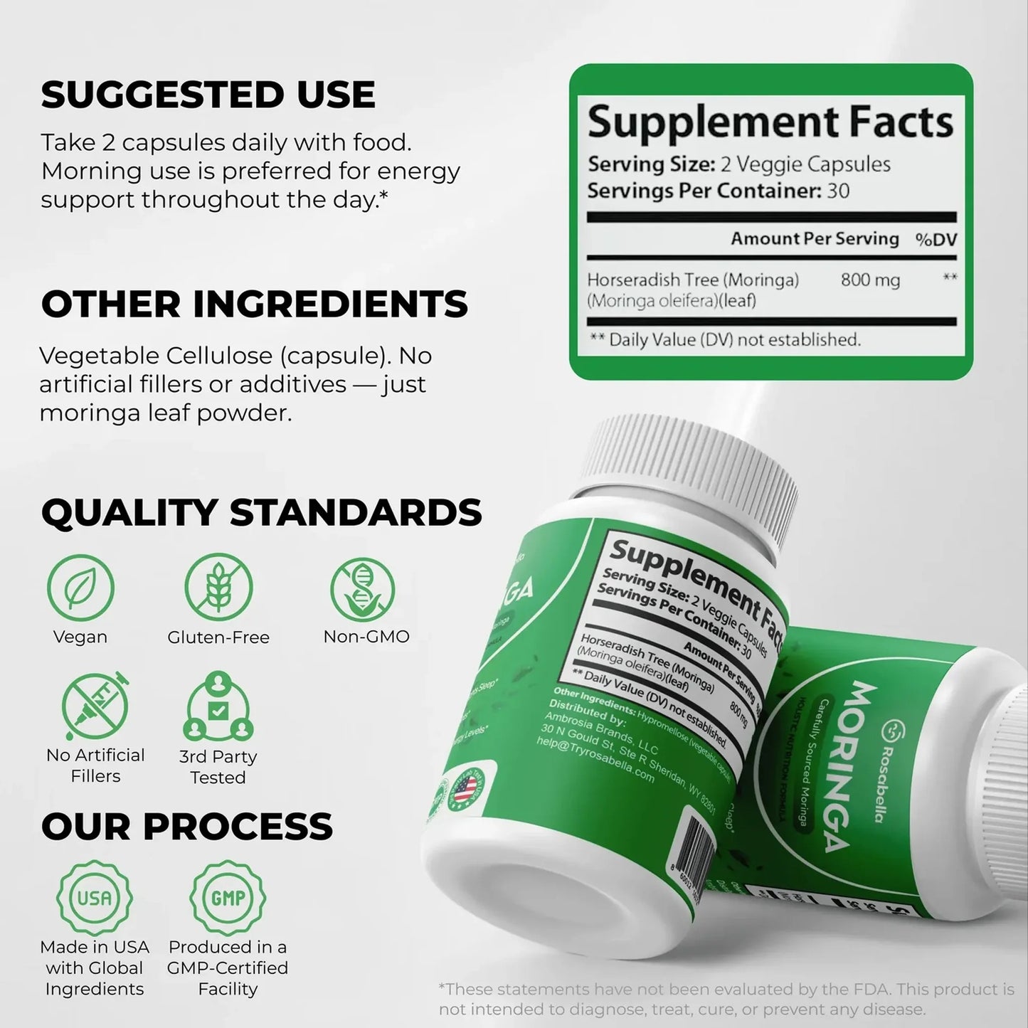 Rosabella Moringa Capsules - Pure Moringa Powder, Energy, Skin, Immune & Gut Health Superfood, Rich in Antioxidants, Essential Vitamins & Amino Acids, Natural Green Superfood Supplement